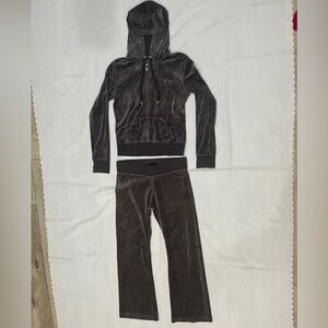 Velour Hoodie & Pants Set in Dark Grey with Stud and Rhinestone Details